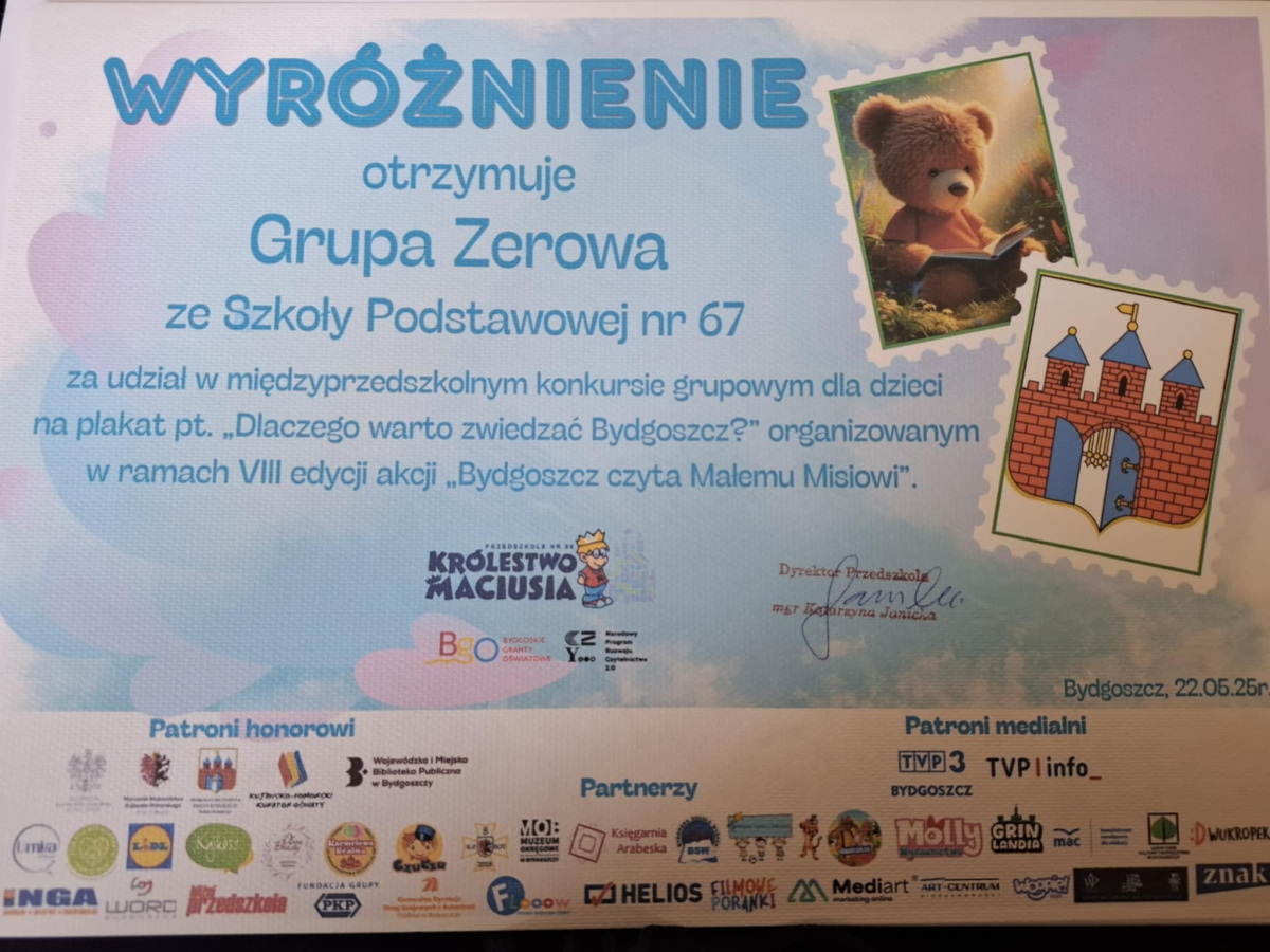 Udział w miejskiej akcji Bydgoszcz Czyta Małemu Misiowi_wyróżnienie