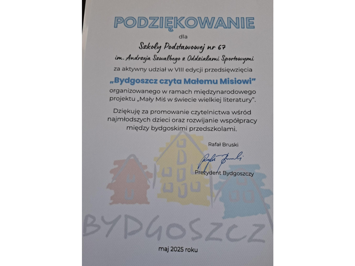 Udział w miejskiej akcji Bydgoszcz Czyta Małemu Misiowi_podziękowanie-2