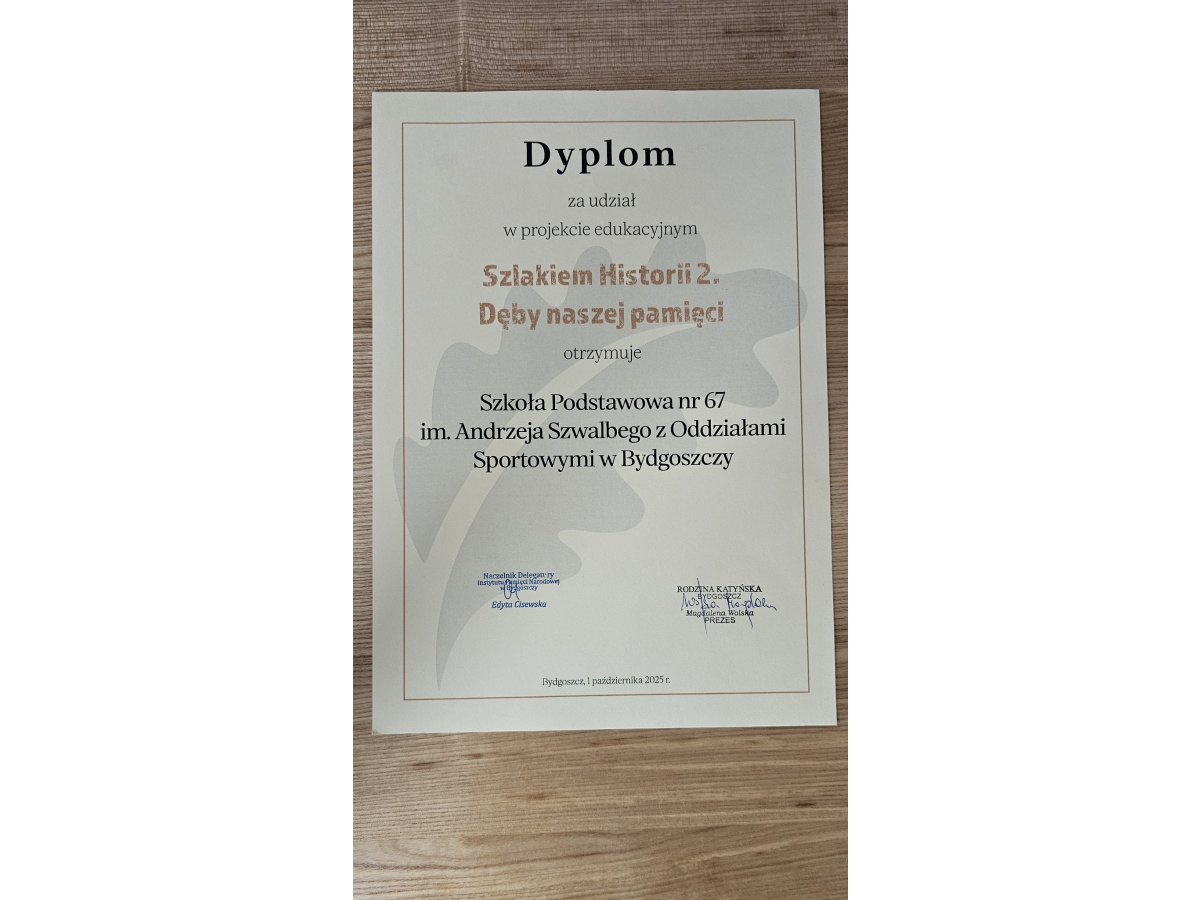 IPN_Szlakiem historii – Dęby Naszej Pamięci_dyplom dla szkoły