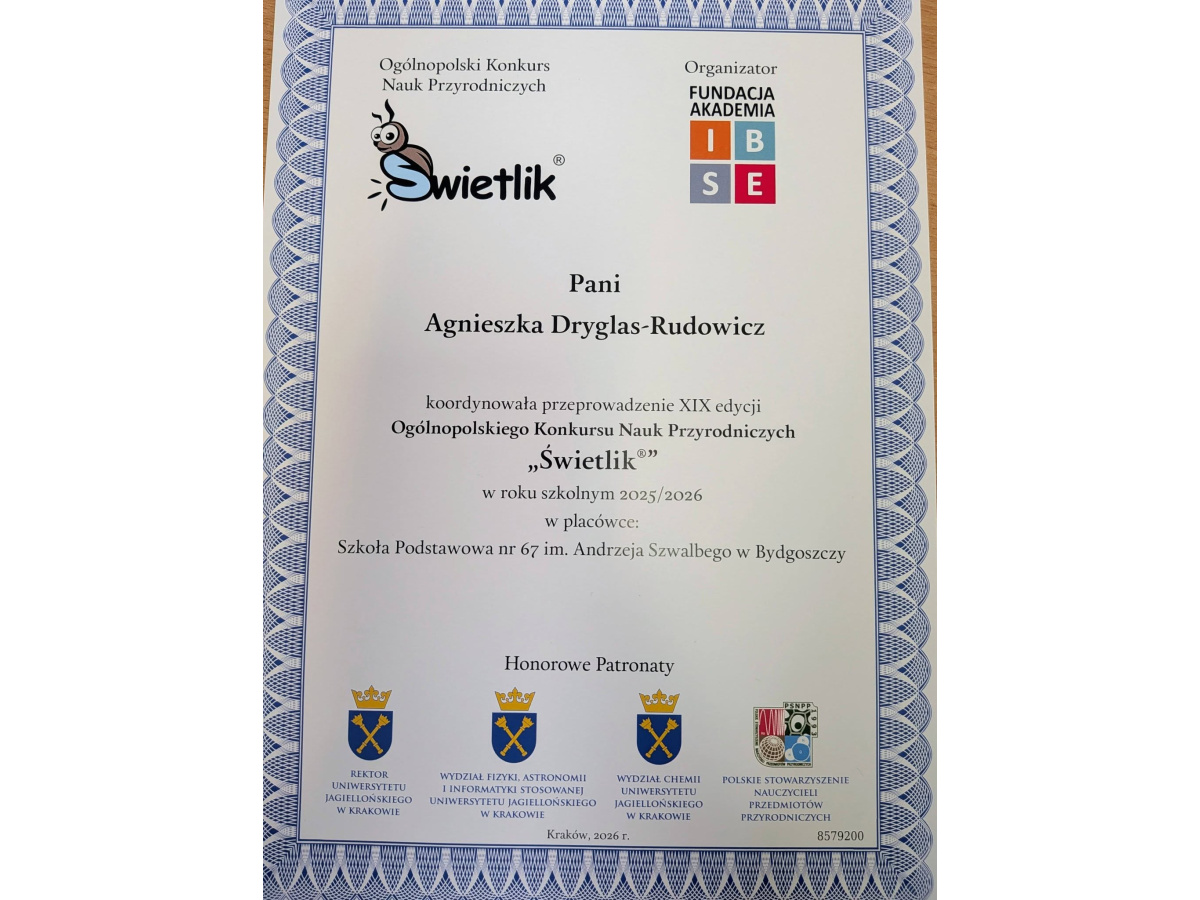 Dyplom dla opiekuna laureatów III miejsca w Ogólnopolskim Konkursie Nauk Przyrodniczych Świetlik-2